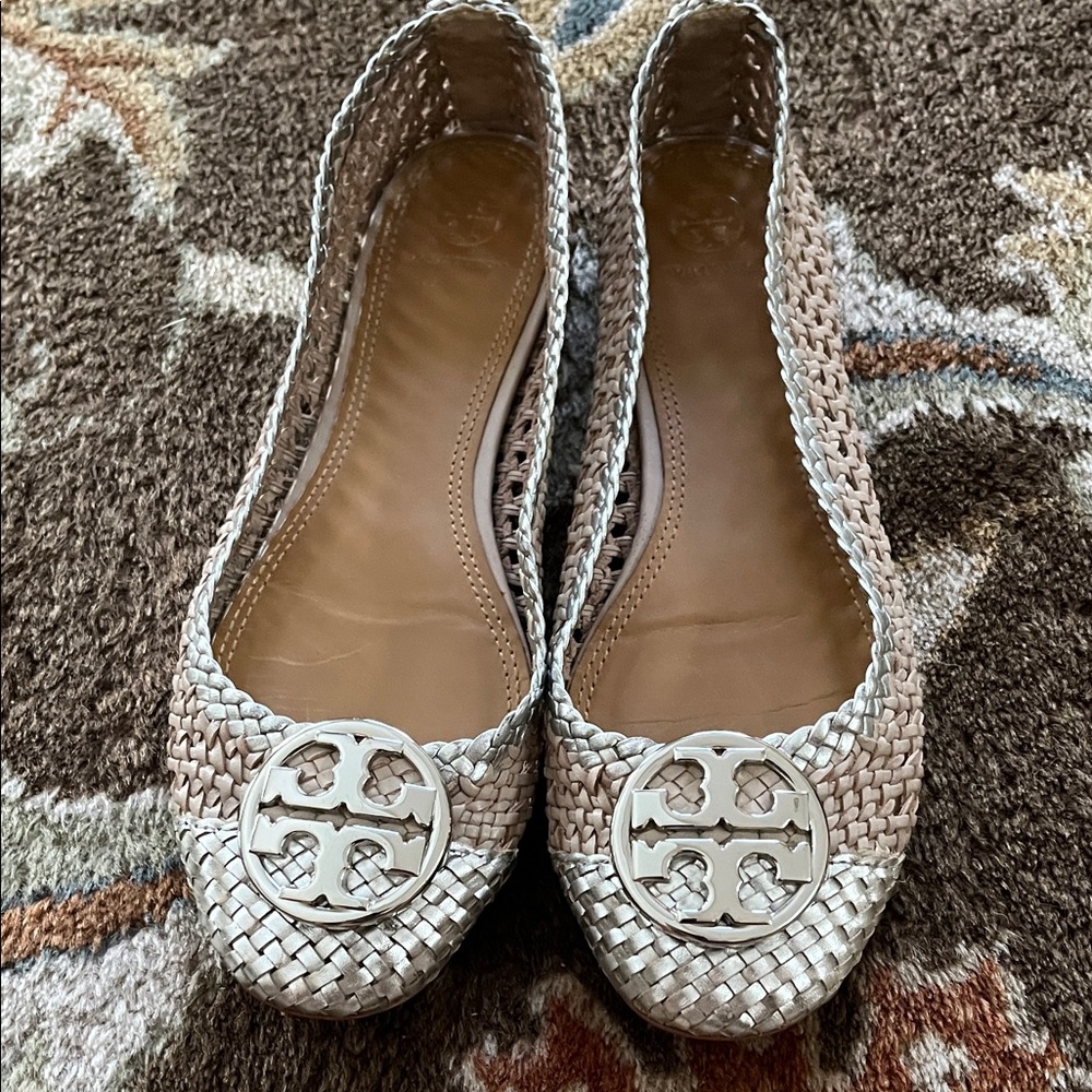 Tory Burch Metallic Woven Flats